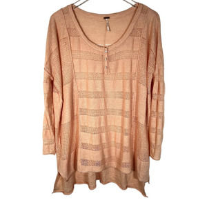 Free People Women's Oversized Henley Tunic Top XS Creamy Peach Sheer Crochet